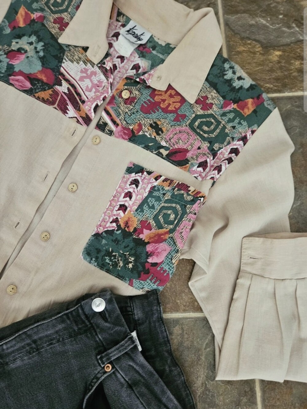 Beige Button-Up Shirt with Floral Patchwork Yoke